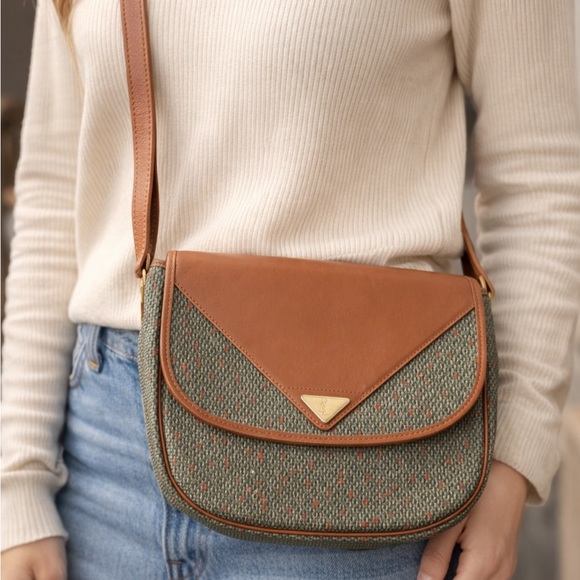 Yves Saint Laurent Handbags - Yves Saint Laurent Olive Green Woven Crossbody with Tan Leather Trim